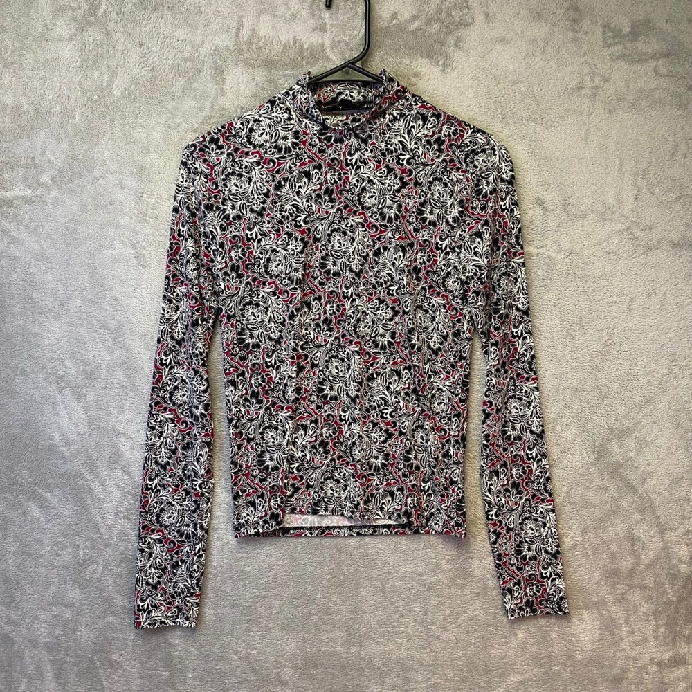 Express Top Women Small Mock Neck Black White Red Paisley Floral Long Sleeve EUC
